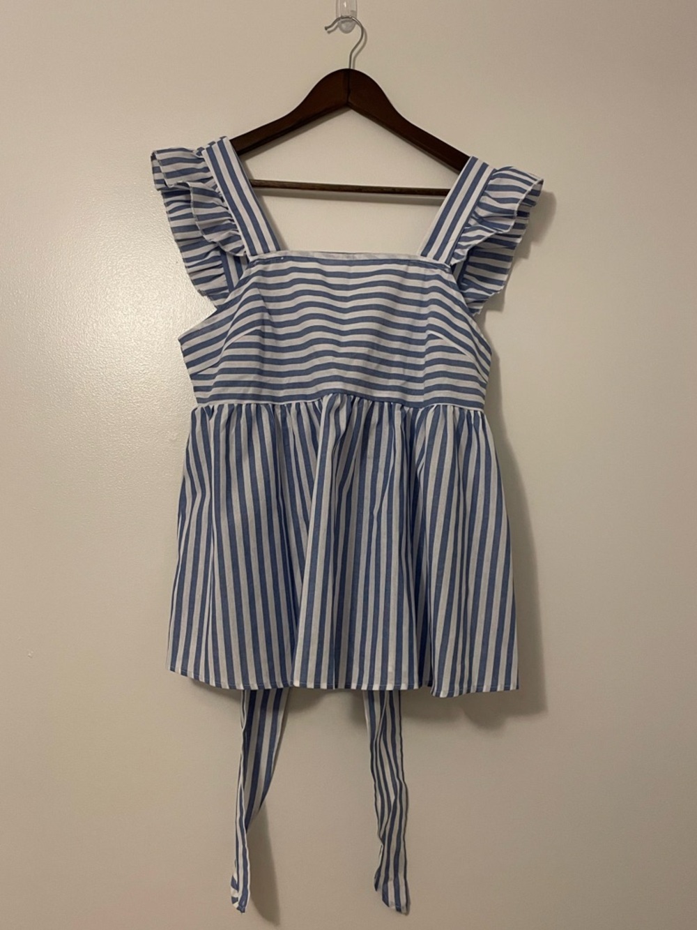 Floerns Ruffle Strap Square Neck Blue and White Striped Summer Baby Doll Top